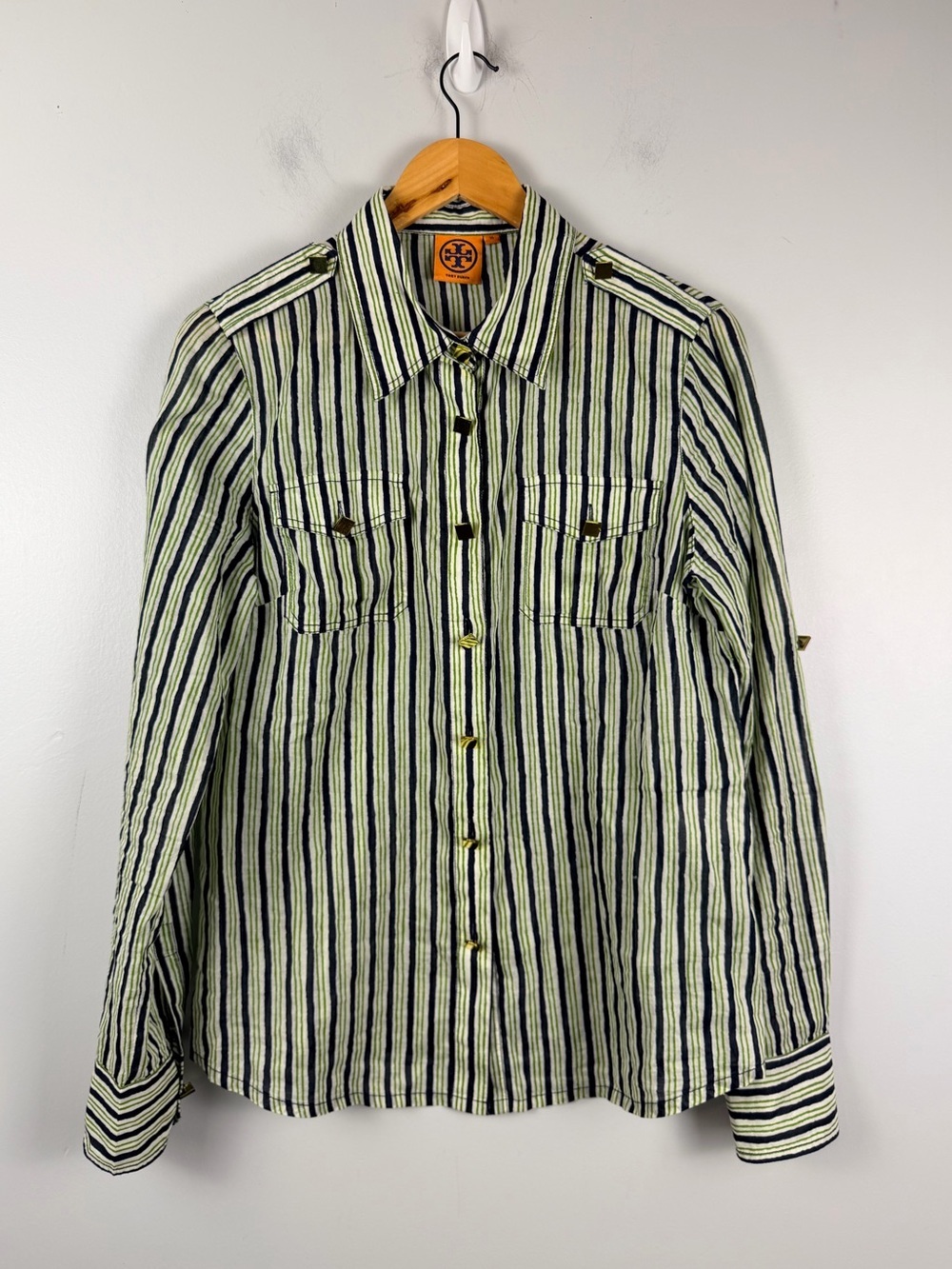 Tory burch green navy white stripe button down blouse with gold detail size 10